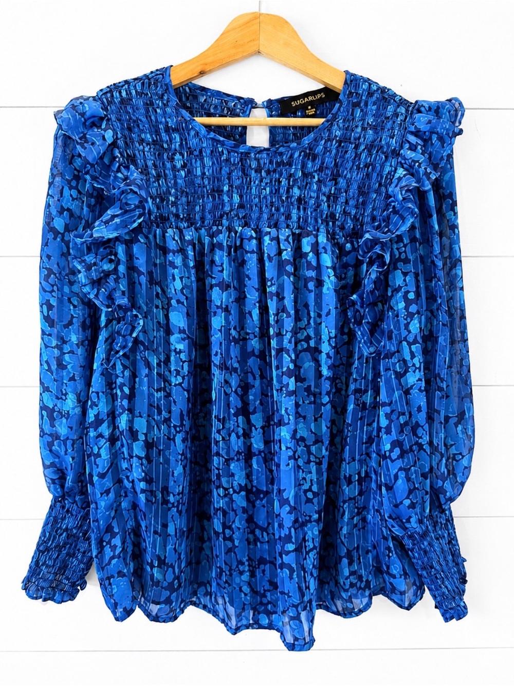 SugarLips Blue Floral Smocked Ruffle Blouse M